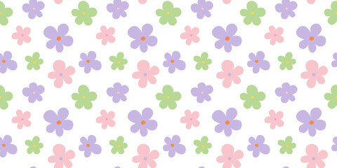 Trendy floral seamless pattern illustration. Vintage 70s style hippie flower background design. Colorful pastel color artwork, y2k nature backdrop with spring flowers.