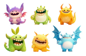 Set of cute colorful monsters on transparent background. Kawaii, scary and funny character for kids. 3D render cartoon style. Collection of design elements for poster, baby products and packaging