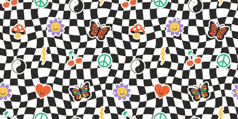 Fun retro cartoon sticker seamless pattern. Trendy 90s doodle icon background with flower, happy face and butterfly. Colorful vintage groovy art label wallpaper, cool emoticon symbol print.	
