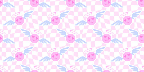 Funny happy face in love cartoon seamless pattern. Retro checkered pink smile icon background texture for valentine's day romantic holiday. Trendy wavy checker board doodle wallpaper.	
