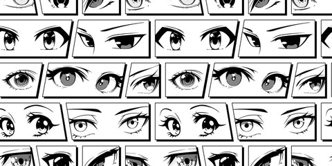 Japanese anime eye seamless pattern illustration. Black and white manga cartoon character background, animation art style print. Trendy Y2K eyes, facial expression graphic, diverse comic book people.  © Dedraw Studio