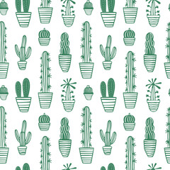 Fototapeta premium Hand drawn cactus plant doodle seamless pattern. Vintage style cartoon cacti houseplant background. Nature desert flora texture, mexican garden print. Natural interior graphic decoration wallpaper. 