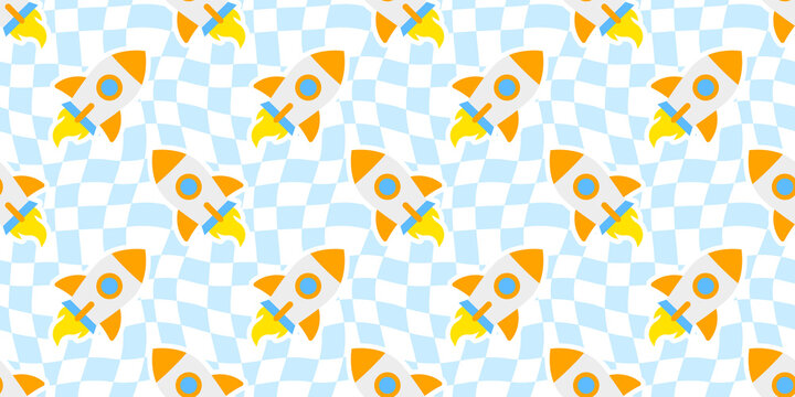 Cute rocket space ship cartoon seamless pattern. Retro checkered children background texture. Trendy wavy checker board print, travel doodle wallpaper.	
