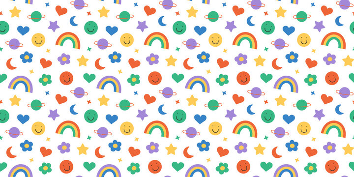 Fun retro cartoon sticker seamless pattern. Trendy doodle icon background with flower, happy face and rainbow. Colorful vintage groovy art label wallpaper, cute emoticon symbol print.	
