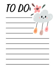 Easter to do list template. Organizer and Schedule with place for Notes. Good for Kids. Vector illustration design for planner.