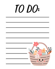 Easter to do list template. Organizer and Schedule with place for Notes. Good for Kids. Vector illustration design for planner.