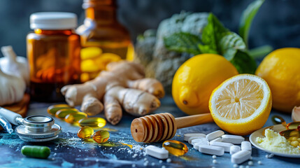 Natural immune system booster lemon ginger garlic - obrazy, fototapety, plakaty