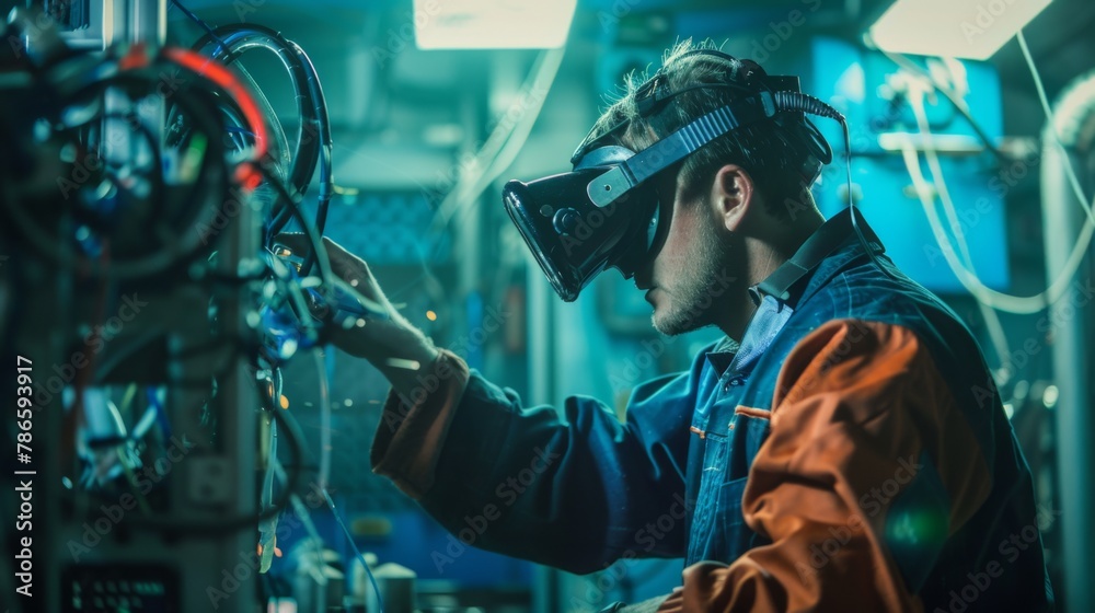 Poster Engineer Using Virtual Reality in Industrial Setting at Night