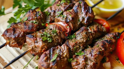 Grilled lamb skewers marinated in Greek yogurt and aromatic sauce. Restaurant dish, serving, close-up, high quality course, difficult to prepare. Culinary excellence concept. Generative by AI