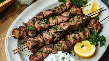 Grilled lamb skewers marinated in Greek yogurt and aromatic sauce. Restaurant dish, serving, close-up, high quality course, difficult to prepare. Culinary excellence concept. Generative by AI