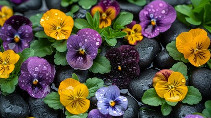  A collection of flowers nestled together against a backdrop of jet-black rocks, adorned with water droplets
