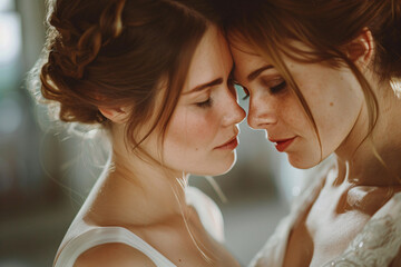 Portrait of young beautiful couple of lesbian brides in wedding dresses facing each other - obrazy, fototapety, plakaty