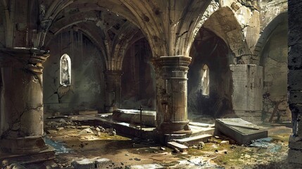 Fototapeta premium Forgotten crypt containing the remains of long-dead knights. Mysticism, paranormal, creepy place, dust, dampness, skulls, bones, not a soul, ruins, underground structure, fear. Generative by AI