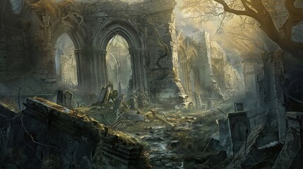 Forgotten catacombs beneath a ruined cathedral, remains of lost civilization. Mysticism,...