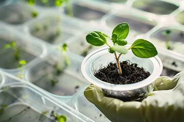 Small plant seedling in research lab held by hand in gloves. Concept for biotechnology and genetic modification - obrazy, fototapety, plakaty