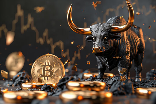 bitcoin golden logo with bull standing on coins, concept of cryptocurrency halving (7)