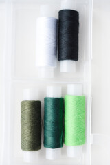 Multicolored skeins of thread in the set. The threads are in a plastic box.