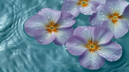   A cluster of purple flowers hovering above a tranquil blue lake, their petals kissed by shimmering water droplets