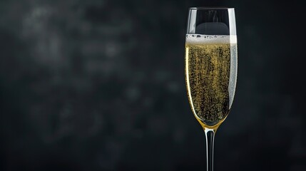 Elegant champagne flute filled with bubbly sparkling wine, against a plain background, highlights. Alcohol, glass, golden liquid. High-quality product and its presentation concept. Generative by AI