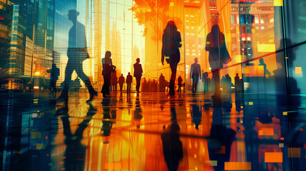 silhouettes of people walking over skyscrapers reflections, modern busy skyline background (1)