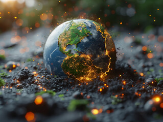 Environmental Protection, a three-dimensional globe engulfed in glowing cracks and embers - obrazy, fototapety, plakaty