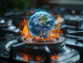 Environmental Protection, a vivid representation of the Earth planet engulfed in flames over a gas stove burner - obrazy, fototapety, plakaty
