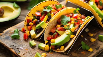 Veggie tacos filled with seasoned black beans corn and avocado. Restaurant dish, serving, seasonal...