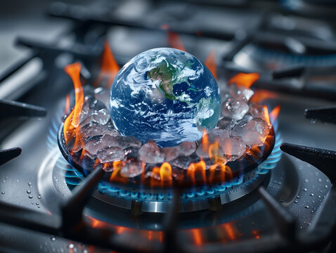 Global Heating, the Earth in flames over a gas stove burner, a vivid representation of global warming, Environmental Protection, Save the Earth