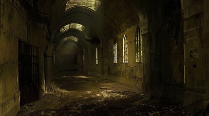 An underground prison filled with desperate prisoners and echoes. Gloomy place, ghosts, dust, secret tunnel, paranormal, gothic, middle ages, ruins, dampness, mysticism, fear. Generative by AI