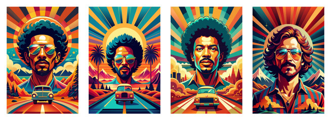 Colorful retro funk fever illustration set with afro, sunglasses, and disco vibes celebrating the vibrant 70s music and psychedelic groove culture in a cool vintage pop art fashion style