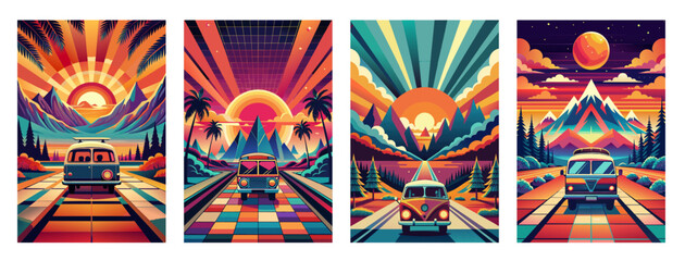 Symbol hippie on psychedelic background set. Retro psychedelic poster in flat style 70s. Good vibes. Stay groovy. Colorful illustration of vintage van on disco-style background with a vibrant sunset
