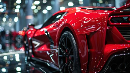 Close up photo of back view luxury sport car with futuristic tail lights. Blur background.