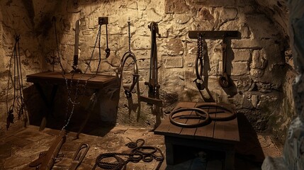 Torture chamber with an iron maiden and other gruesome device, chains, horror, thriller. Gloomy place, ghosts, paranormal, gothic, middle ages, ruins, dampness, mysticism, fear. Generative by AI