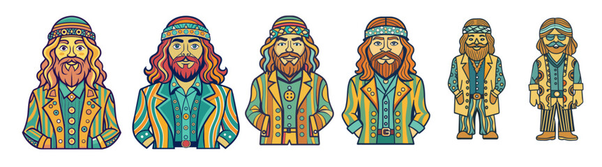 Vibrant illustration set of diverse male figures styled in 1960s-70s hippie and disco fashion