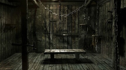 Torture chamber with an iron maiden and other gruesome device, chains, horror, thriller. Gloomy place, ghosts, paranormal, gothic, middle ages, ruins, dampness, mysticism, fear. Generative by AI