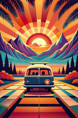 Symbol hippie on psychedelic background. retro psychedelic poster in flat style 70s. Good vibes. Stay groovy. Colorful illustration of a vintage van on a disco-style background with a vibrant sunset