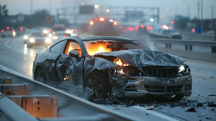Evening Car Wreck with Flames on Highway. Concept Accident Scene, Fire Hazard, Highway Danger, Emergency Response, Traffic Blockage - obrazy, fototapety, plakaty