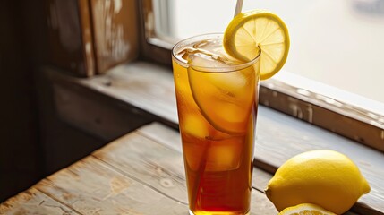 Tall glass of iced tea spiked with vodka and garnished with lemon, drink with a degree, goblet, club, bar, alcohol aesthetics, aromatic drink and nice company concept. Generative by AI