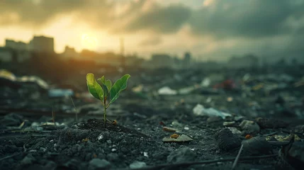 Foto op Plexiglas Green sprout growing from pile of garbage in middle of apocalyptic waste land with sunset background. Environmental concept © John