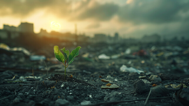 Green sprout growing from pile of garbage in middle of apocalyptic waste land with sunset background. Environmental concept