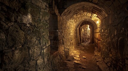 Secret underground passage leading to the heart of a medieval castle. Gloomy place, ghosts, dust, secret tunnel, paranormal, gothic, middle ages, ruins, dampness, mysticism, fear. Generative by AI