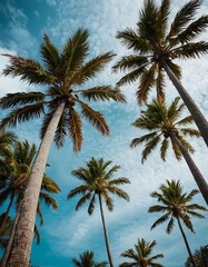 Palm trees, tropical summer beach mood, vertical background, upward camera angle, holiday vacation
