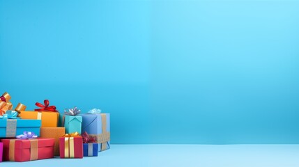 Solid sky blue background with a row of colorful Eid gifts and presents