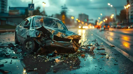 Foto op Canvas Evening Wreck: The Silent Symphony of Urban Chaos. Concept Destruction Recaptured, Evolving Emotions, The Beauty in Tragedy, Twilight Tales © Ян Заболотний