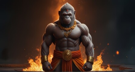 Fototapeta na wymiar bodybuilder monkey king hanuman with golden round heavy metal mace orange scarf white dhoti is standing in front of a fire, appears as the fire goddess, goddess of fire, the fire