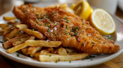 Fried and breaded fish with french fries