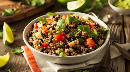 Quinoa and black bean salad garnished with cilantro and lime. Homemade dish, serving, close-up, diet food, easy to prepare. Culinary excellence, sophistication concept. Generative by AI