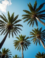 Palm trees, summer beach mood, blue sky, vertical background, upward camera angle, holiday vacation