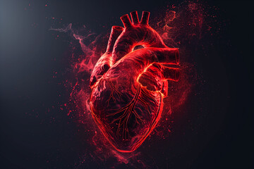Abstract human heart shape with red cardio pulse line. Creative stylized red heart cardiogram with human heart on black background. Health, cardiology, cardiovascular diseases concept