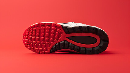A white, black, and red shoe sole on a red background.
